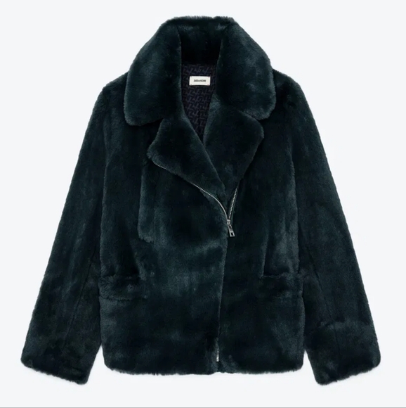 ZADIG & VOLTAIRE Freeze Faux Fur Coat Black/Green 3-Pocket Front Zip Close M/L - Picture 5 of 16